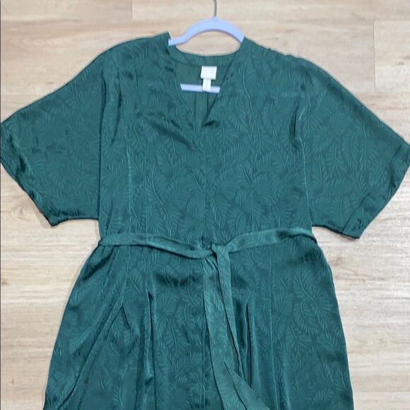 H&M Green Kaftan Midi Maxi Dress Palm Leaf Print Belted V-Neck‎ US 6 - Picture 8 of 16